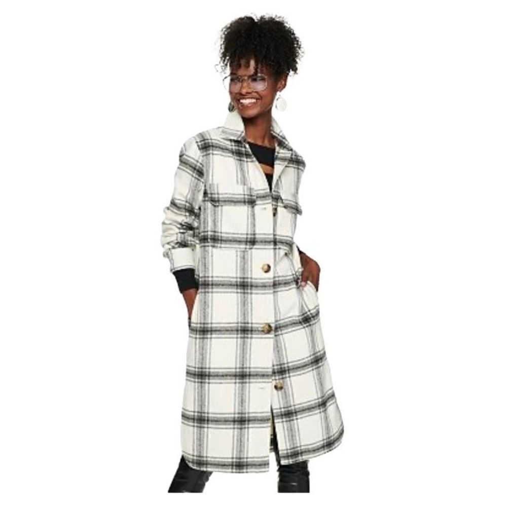 So midi length, black and white plaid shirt, jacket, size extra small